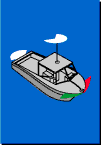 Illustration of motorboat less than 65.5 feet, displaying red navigation light on port side of prow, green navigation light on starboard side of prow, and white navigation light atop boat visible from front and sides of boat.