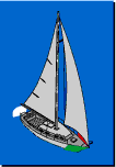Illustration of sailboat less than 65.6 feet, with red navigation light on port side of prow, green navigation light on starboard side of prow, and white navigation light on stern.