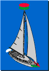 Illustration of sailboat less than 65.6 feet, with red and green navigation lights on mast, red navigation light on port side of prow, green navigation light on starboard side of prow, and white navigation light on stern.