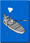 Illustration of a vessel under oars, using a flashlight to serve as a white navigation light.