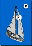 Illustration of a sailboat during the day, being propelled my machinery, which displays a black conical shape with apex pointing down, suspended in front of a sail, where it is clearly visible.