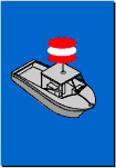 Illustration of a boat engaged in diving activities at night, displaying a white navigation light between two red navigation lights on top of the boat cabin.