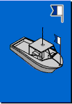 Illustration of a boat engaged in diving activities during the day, displaying a rigid replica of the international code flag "Alpha" which is a blue vertical stripe with a triangular notch out of the left middle, beside a white vertical stripe.