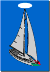 Illustration of power-drive sailboat less than 39.4 feet, displaying red navigation light on port side of prow, green navigation light on starboard side of prow, and white navigation light atop mast visible from all directions.