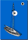 Illustration of sailboat at anchor during the day, displaying a black ball shape suspended from its mast.