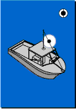 Illustration of powerboat at anchor during the day, displaying a black ball shape suspended from a line running between the center of the boat's cabin and the prow.