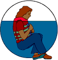 Illustration of a person wearing a life jacket, floating in the H.E.L.P. position, which is "sitting" in the water, with the knees drawn close to the chest, the legs crossed, the arms hugging the chest, and the chin resting on the top of the life jacket.